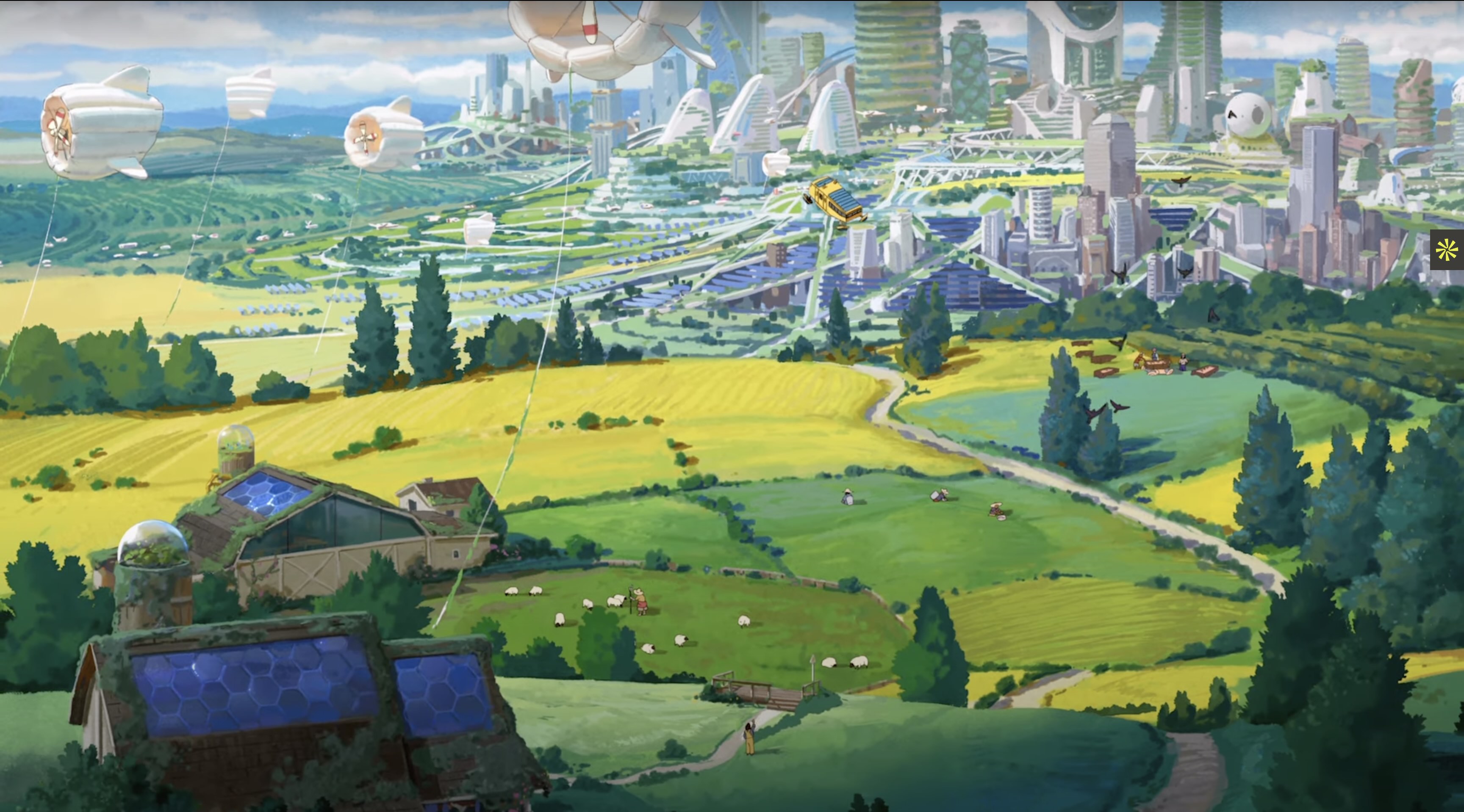 A solarpunk landscape: farms with solar roofs below a green city
